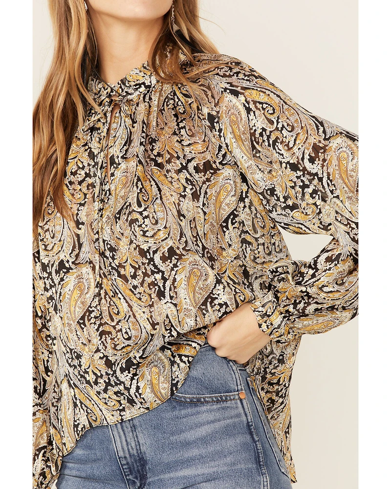 Revel Women's Paisley Print Long Sleeve Woven Chiffon Peasant Top