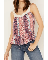 Wild Moss Women's Print Peplum Crochet Trim Top