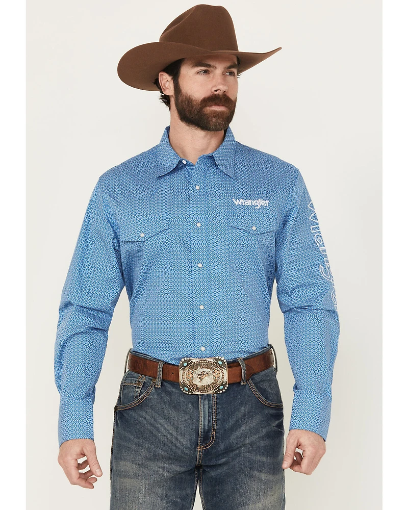 Wrangler Men's Geo Print Logo Long Sleeve Snap Western Shirt