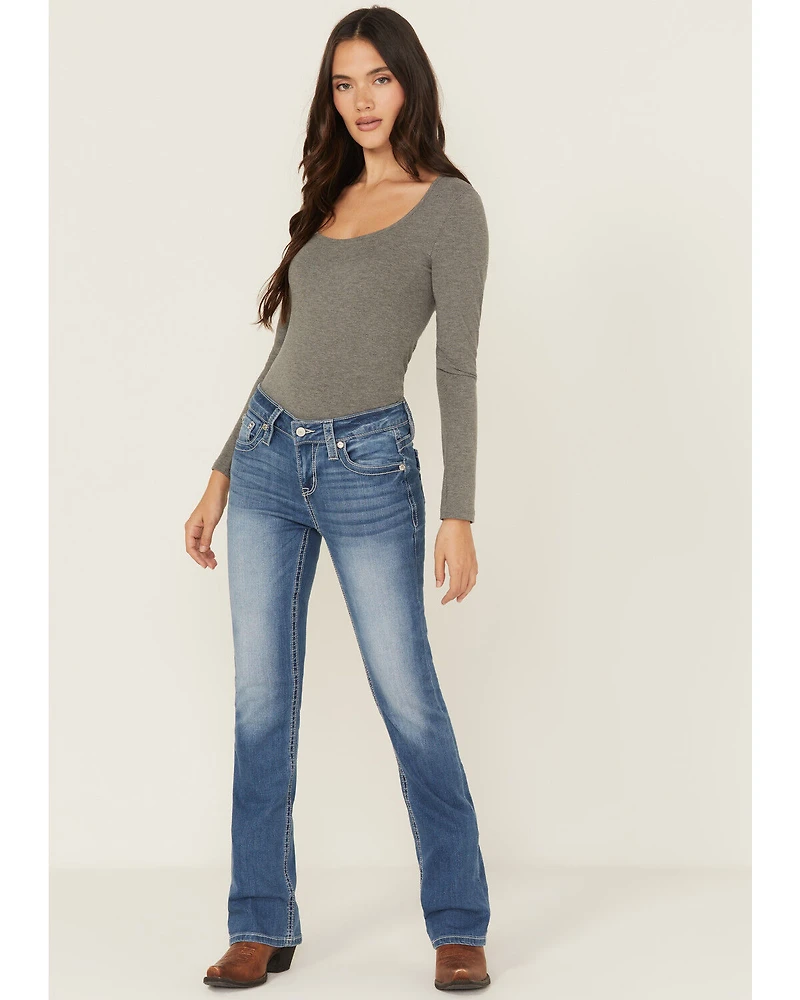 Shyanne Mid Rise Medium Wash Bootcut Wing Faux Flap Stretch Denim Jeans