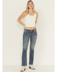 Miss Me Women's Medium Wash Mid Rise Floral Fleur de Lis Pocket 32" Bootcut Stretch Denim Jeans