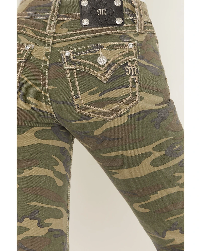 Miss Me Women's Camo Print Mid Rise Flap Pocket 32" Bootcut Stretch Denim Jeans