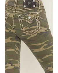 Miss Me Women's Camo Print Mid Rise Flap Pocket 32" Bootcut Stretch Denim Jeans