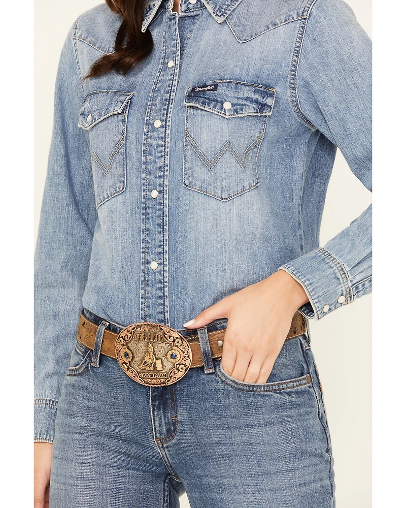 Wrangler Retro Women's Light Wash Denim Long Sleeve Snap Western Shirt