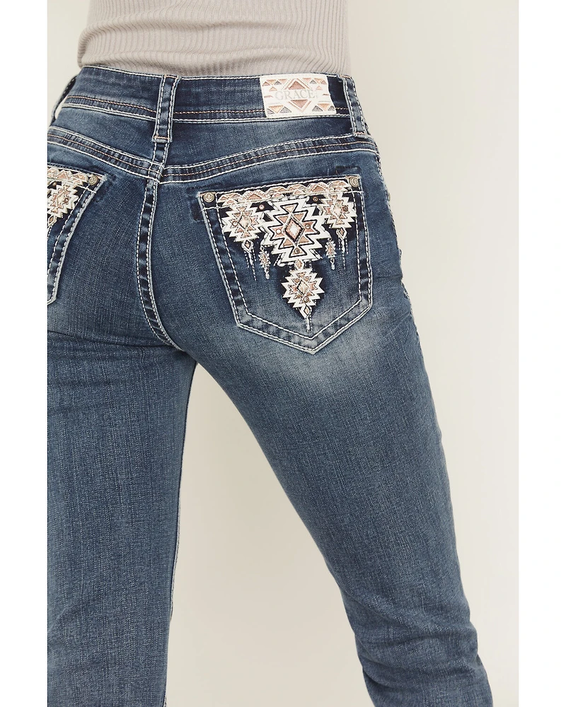 Grace LA Women's Medium Wash Mid Rise Embellished 32" Bootcut Stretch Denim Jeans