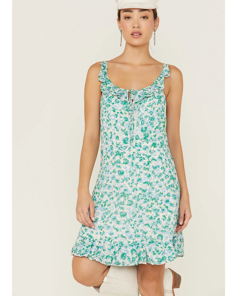 Molly Bracken Women's Floral Print Ruffle Trim Sleeveless Mini Dress