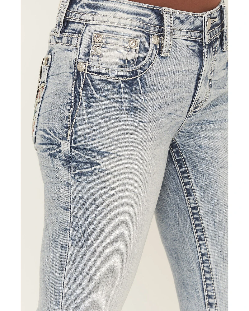 Miss Me Women's Medium Wash Mid Rise Americana Fleur de Lis 32" Bootcut Stretch Denim Jeans