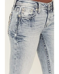Miss Me Women's Medium Wash Mid Rise Americana Fleur de Lis 32" Bootcut Stretch Denim Jeans