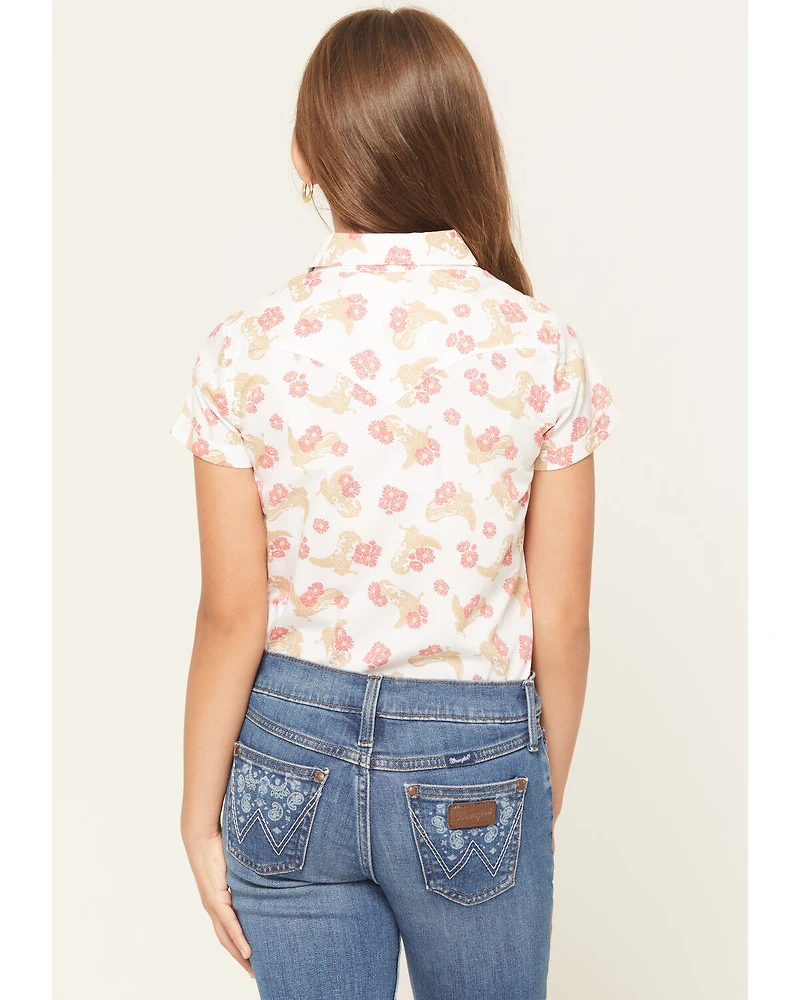 Wrangler Girls' Floral Print Short Sleeve Snap Western Shirt