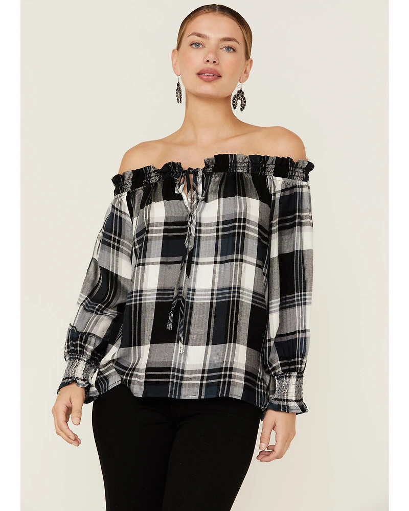 Wild Moss Women's Plaid Navy Off The Shoulder Top