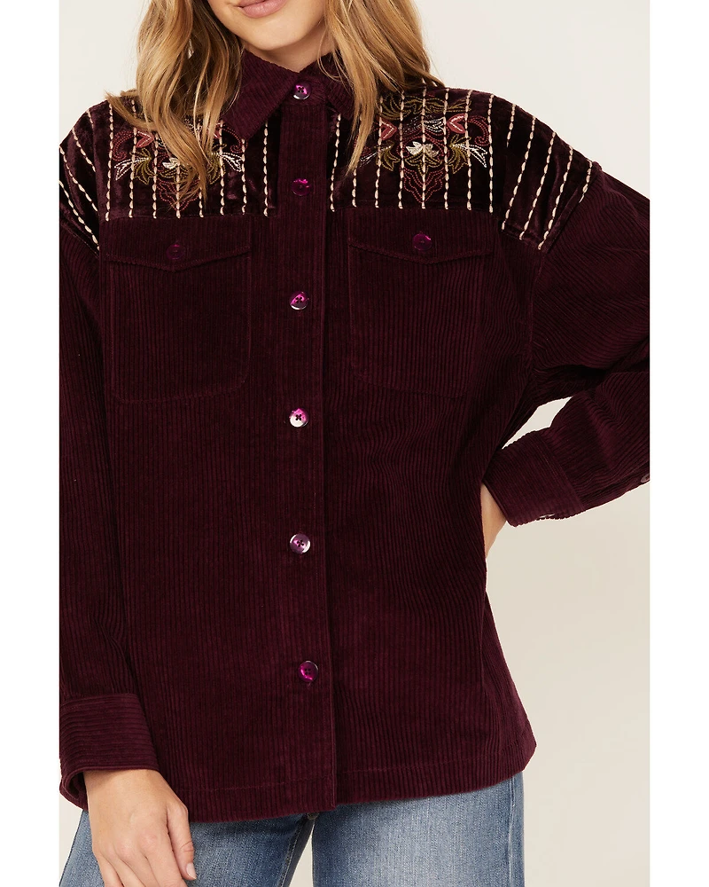 Cleo + Wolf Women's Embroidered Velvet Shacket