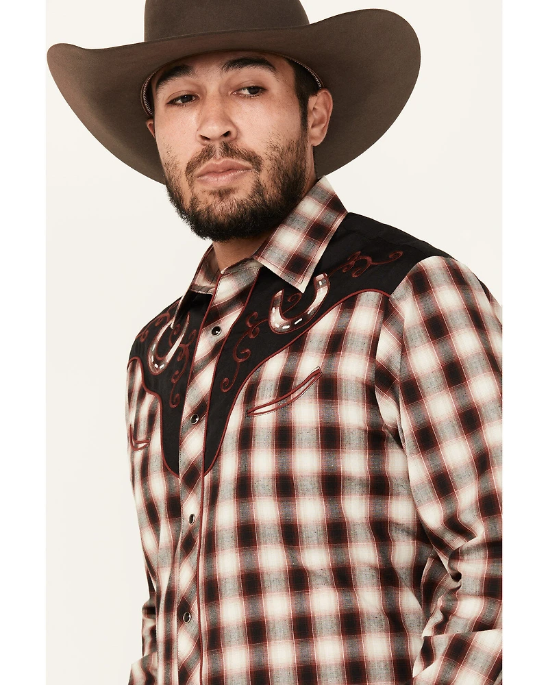 Roper Men's Plaid Print Embroidered Long Sleeve Snap Western Shirt