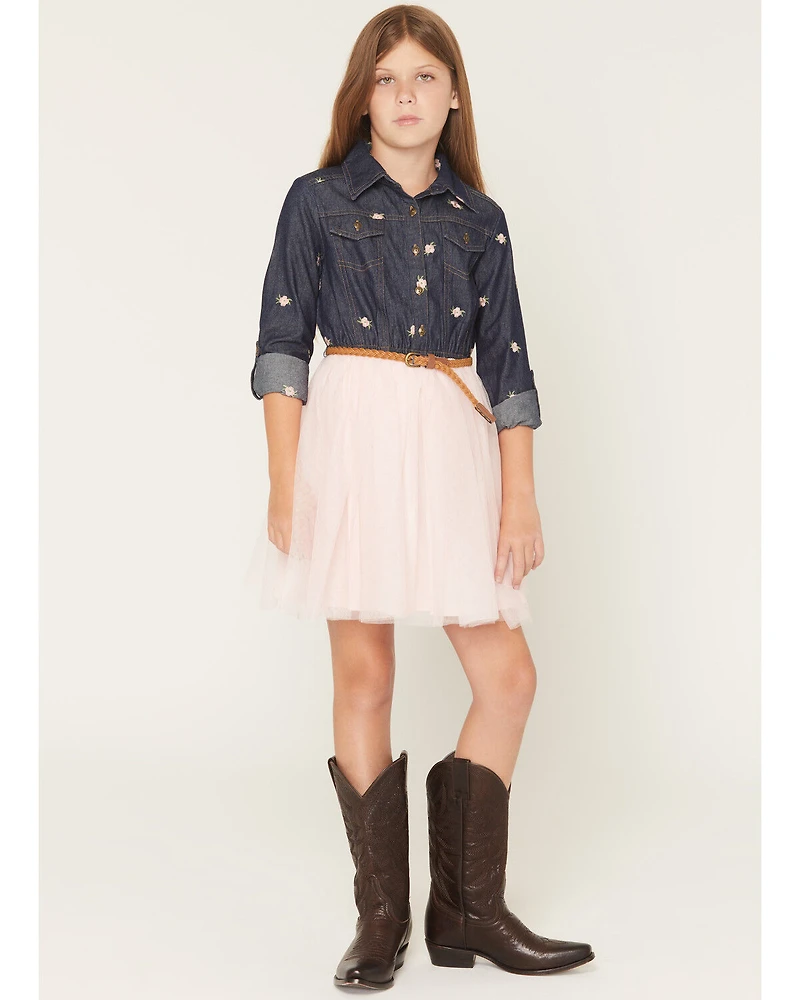 Sugar California Girls' Floral Embroidered Long Sleeve Button-Down Denim Tutu Dress