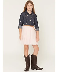 Sugar California Girls' Floral Embroidered Long Sleeve Button-Down Denim Tutu Dress