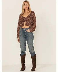 Wild Moss Long Sleeve Tie Front Ranched Floral Top