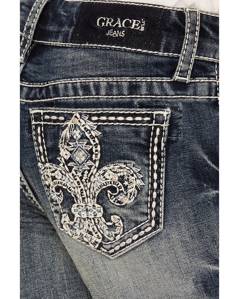 Grace LA Girls' Dark Wash Fleur De Lis Bootcut Stretch Denim Jeans