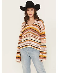 Cleo + Wolf Women's Open Stitch Striped Pullover