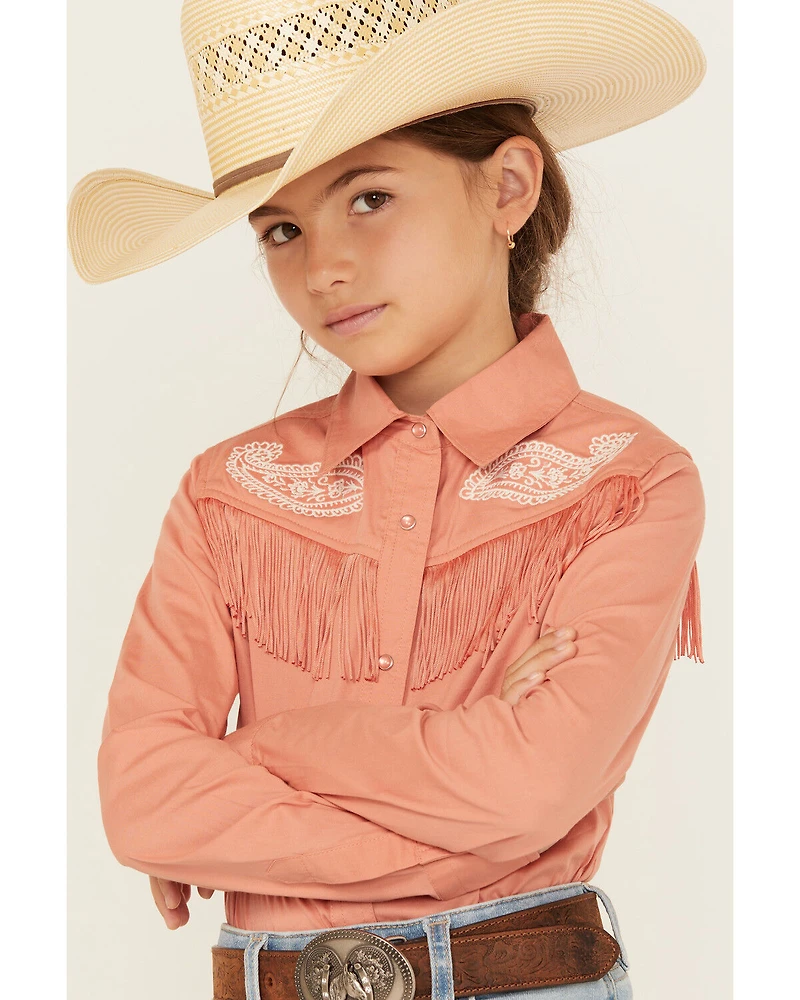 Shyanne Girls' Western Embroidered Fringe Long Sleeve Snap Stretch Shirt