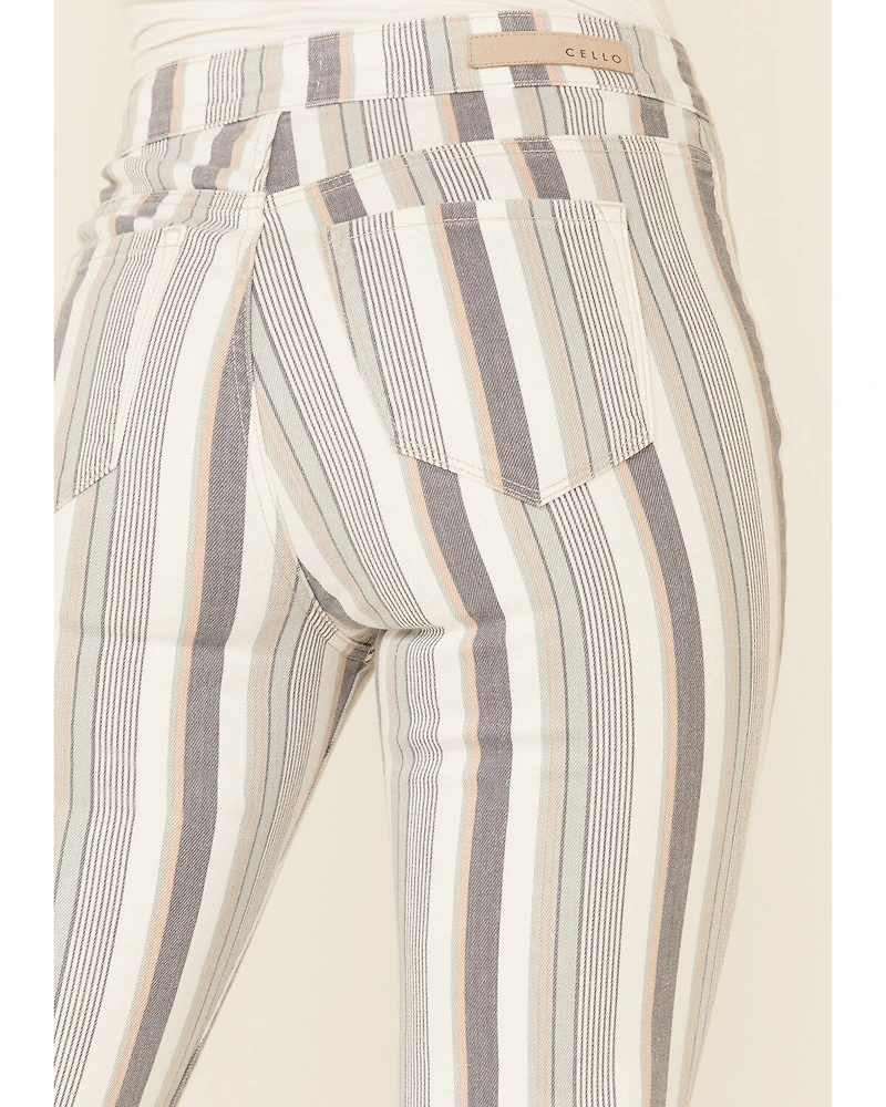 Cello Women's Striped Raw Hem Flare Jeans