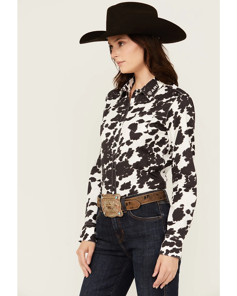 Ariat Women's Cow Print Wrinkle Resist Team Kirby Long Sleeve Button-Down Stretch Western Shirt