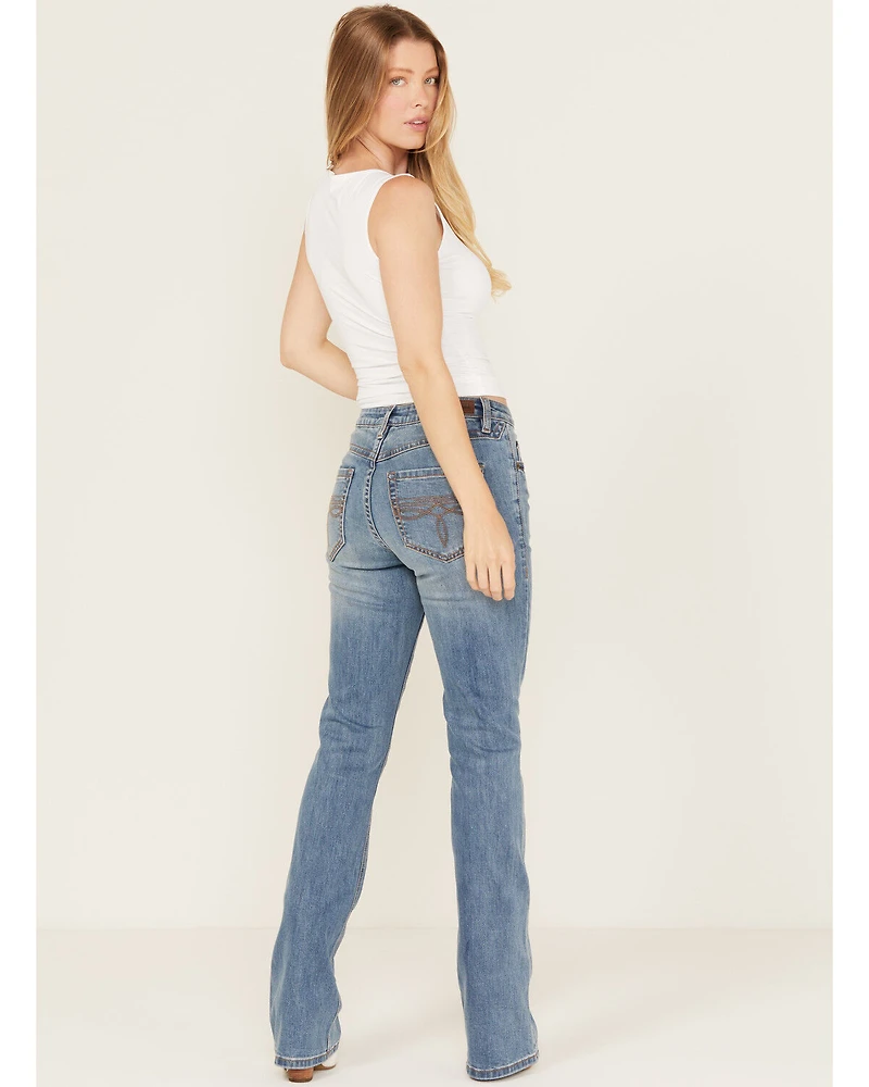 Rock & Roll Denim Women's Medium Wash Mid Rise Distressed Bootcut Stretch Jeans