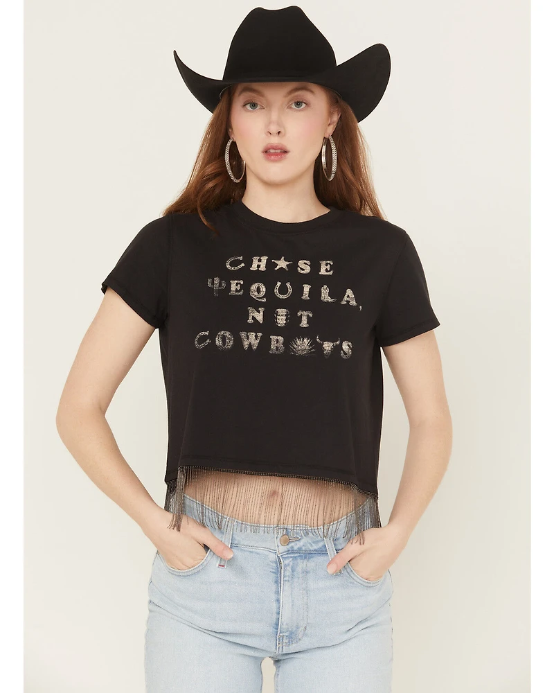 Idyllwind Women's Chase Tequila Ball Chain Fringe Short Sleeve Cropped Graphic Tee