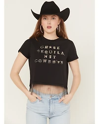 Idyllwind Women's Chase Tequila Ball Chain Fringe Short Sleeve Cropped Graphic Tee