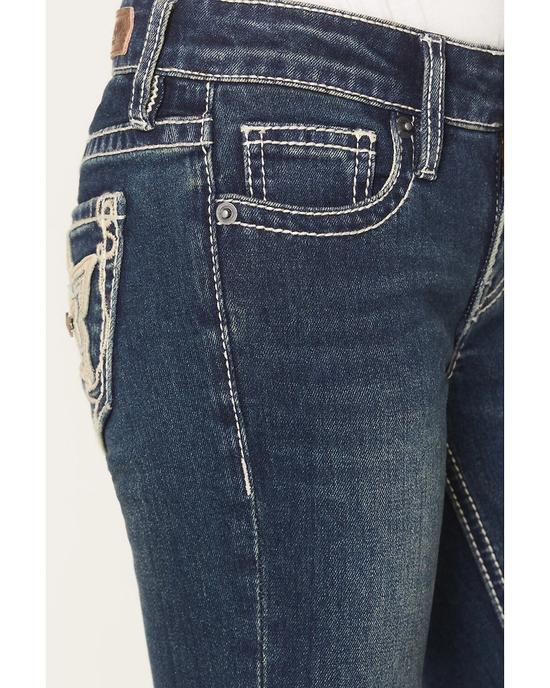 Rock & Roll Denim Girls' Dark Wash Star Embroidered Bootcut Stretch Jeans