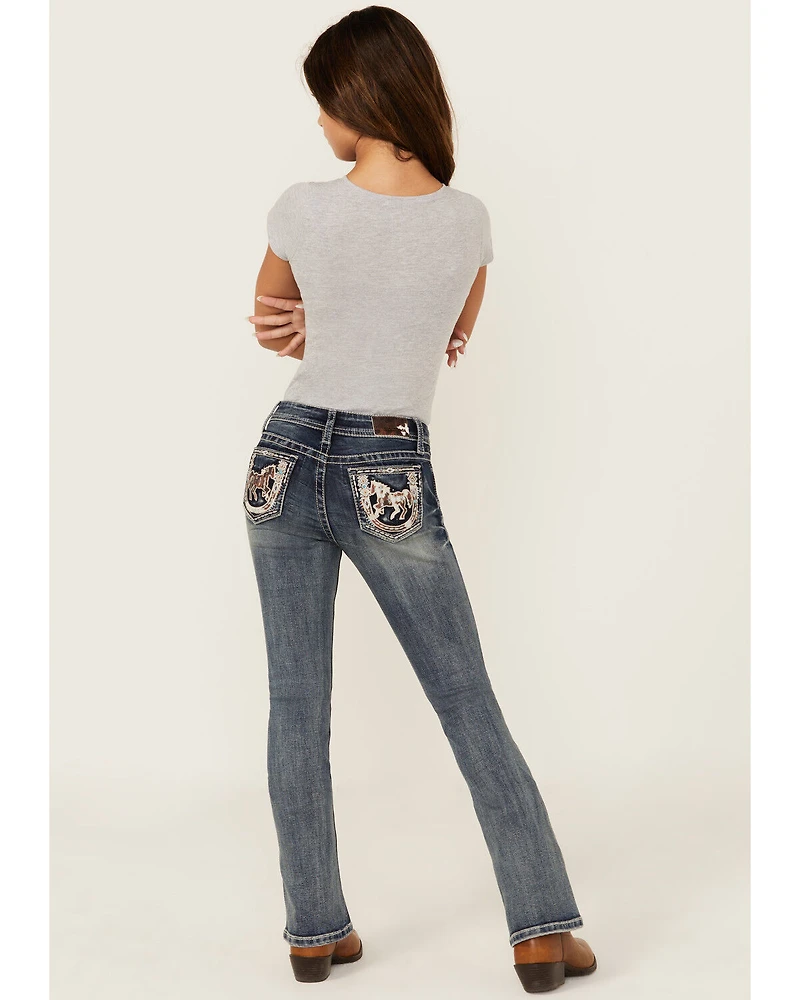 Grace LA Girls' Medium Wash Horse Patch Pocket Bootcut Stretch Denim Jeans