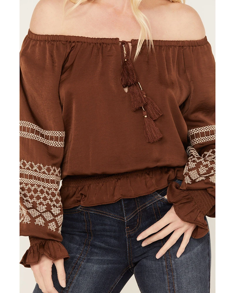 Shyanne Women's Satin Peasant Embroidered Blouse