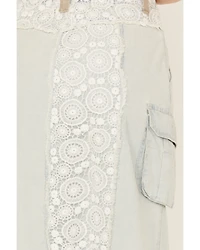 POL Women's Lace Light Wash Denim Midi Skirt
