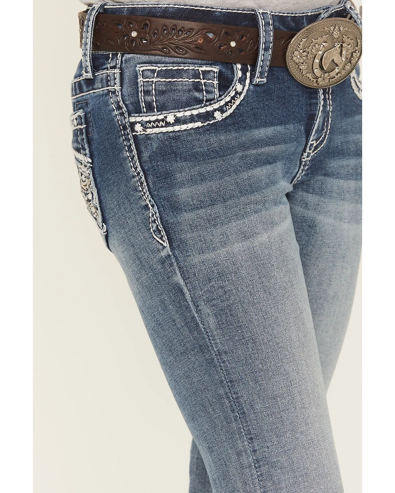 Grace LA Girls' Medium Wash Paisley Pocket Bootcut Stretch Denim Jeans