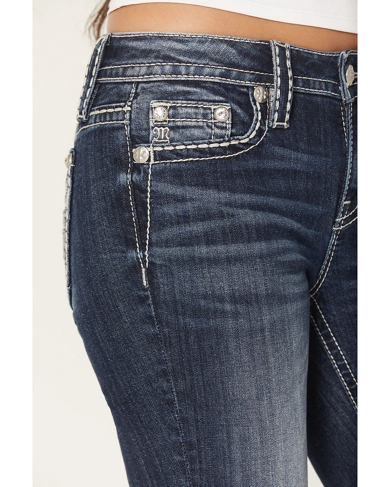 Miss Me Women's Dark Wash Mid Rise Faux Flap Pocket 34" Bootcut Stretch Denim Jeans
