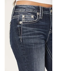 Miss Me Women's Dark Wash Mid Rise Faux Flap Pocket 34" Bootcut Stretch Denim Jeans