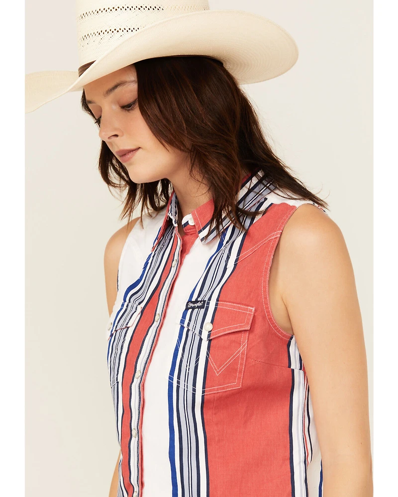 Wrangler Retro Women's Striped Print Sleeveless Snap Cropped Western Shirt