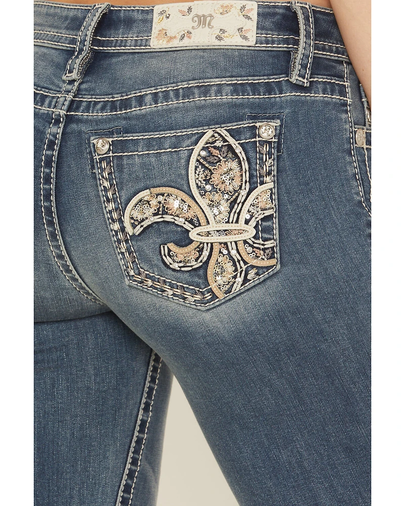 Miss Me Women's Medium Wash Mid Rise Floral Fleur de Lis Pocket 32" Bootcut Stretch Denim Jeans