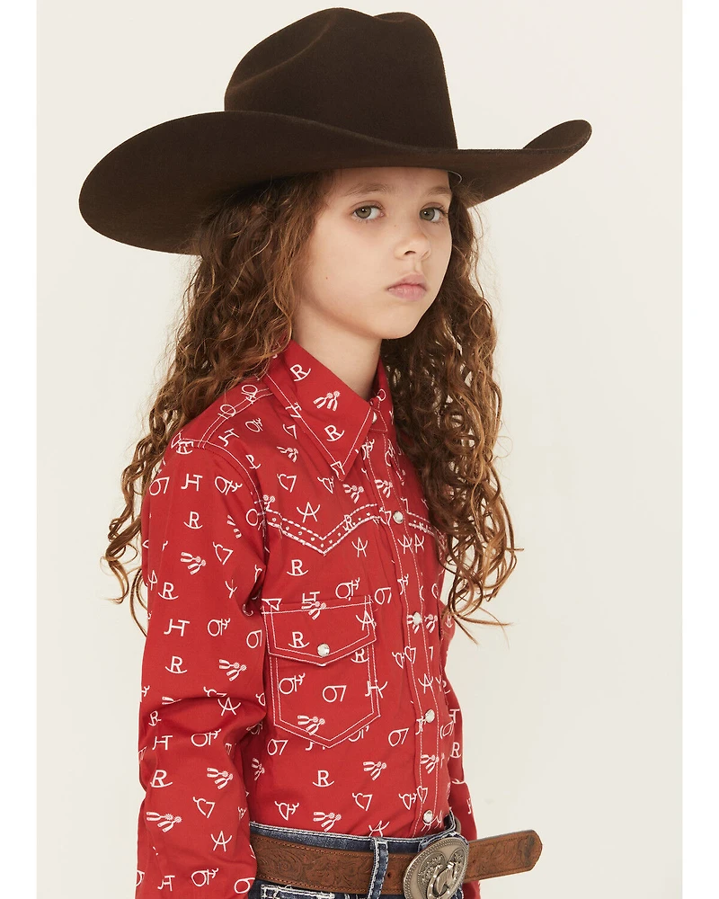 Cowgirl Hardware Girls' Brand Iron Print Long Sleeve Snap Stretch Western Shirt
