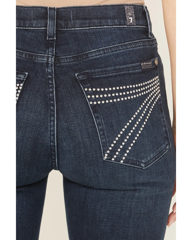 7 For All Mankind Women's Dark Wash Baltimora High Rise Studded Trouser Stretch Denim Jeans