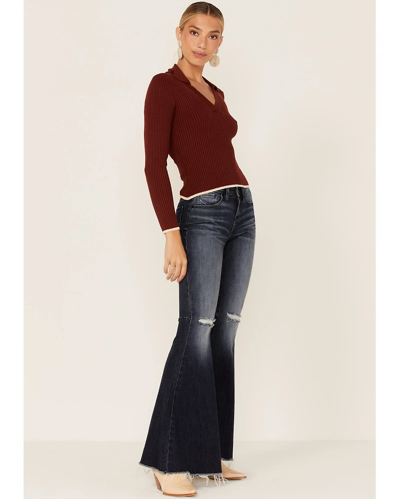 Shyanne Women's Chocolate Collared Ribbed Top
