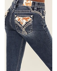 Miss Me Women's Medium Wash Mid Rise Cowhide Pocket 32" Bootcut Stretch Denim Jeans