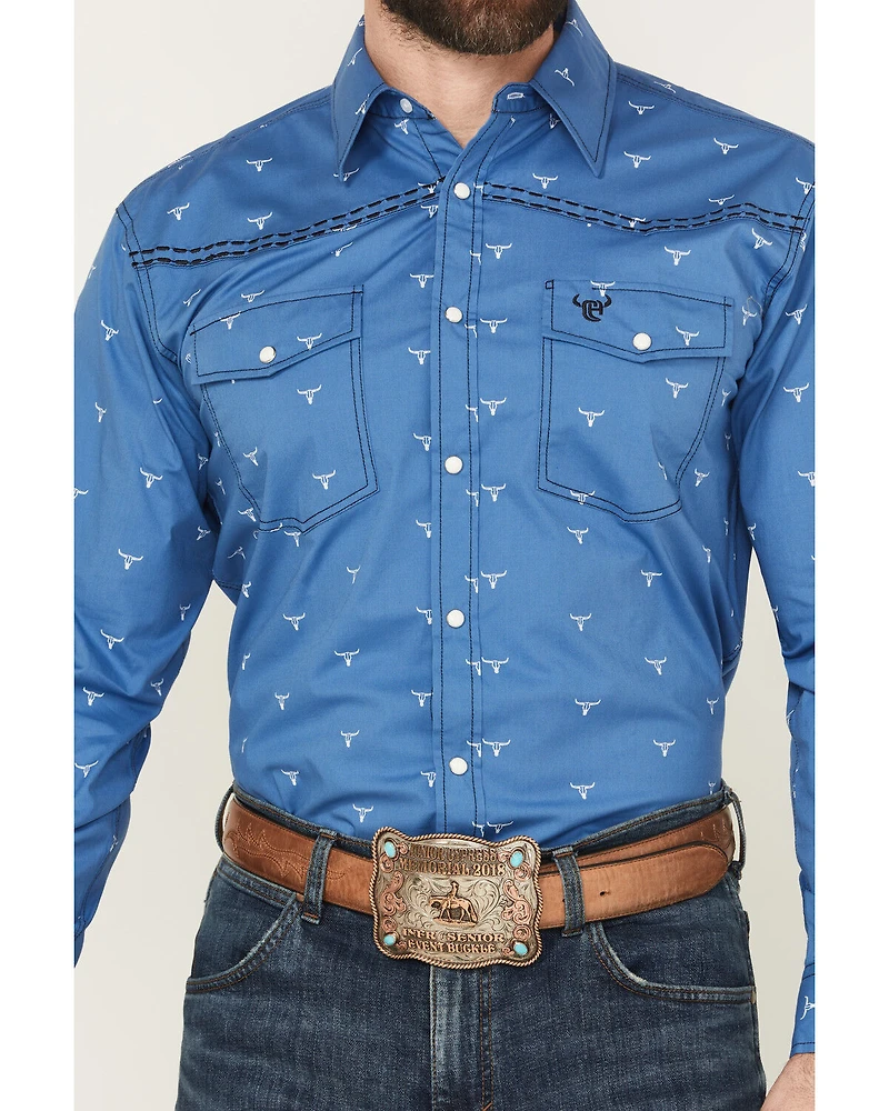 Cowboy Hardware Men's Steerhead Print Long Sleeve Snap Stretch Western Shirt