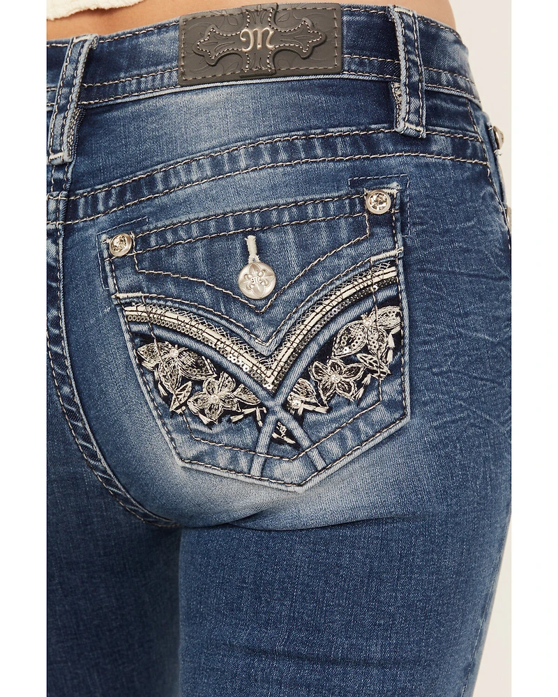 Miss Me Women's Medium Wash Mid Rise Floral Pocket 32" Bootcut Stretch Denim Jeans