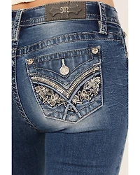 Miss Me Women's Medium Wash Mid Rise Floral Pocket 32" Bootcut Stretch Denim Jeans