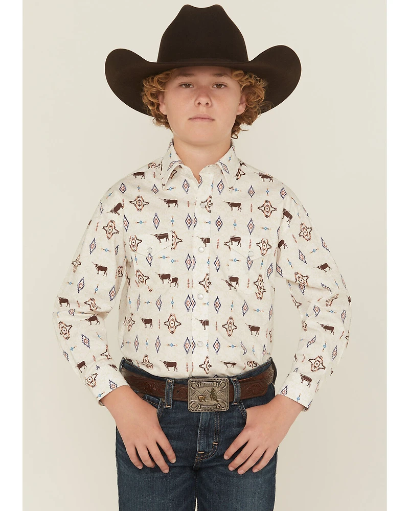 Panhandle Slim Boys' Novelty Steerhead Long Sleeve Snap Stretch Western Shirt