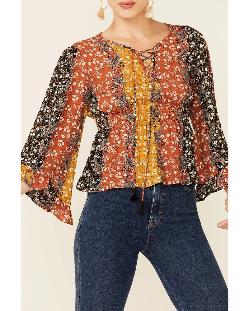 Shyanne Women's Boho Floral Stripe Bell Sleeve Top