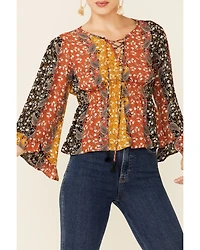 Shyanne Women's Boho Floral Stripe Bell Sleeve Top