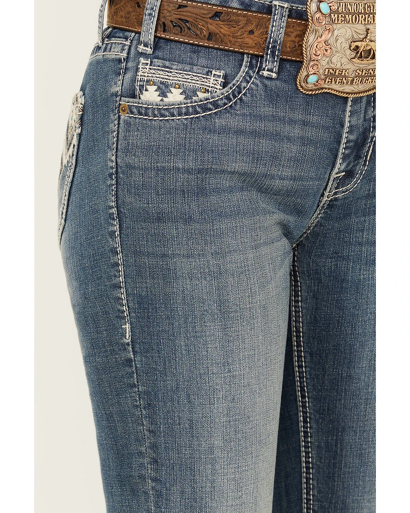 Rock & Roll Denim Women's Medium Wash Mid Rise Geo Print Stretch Bootcut Jeans