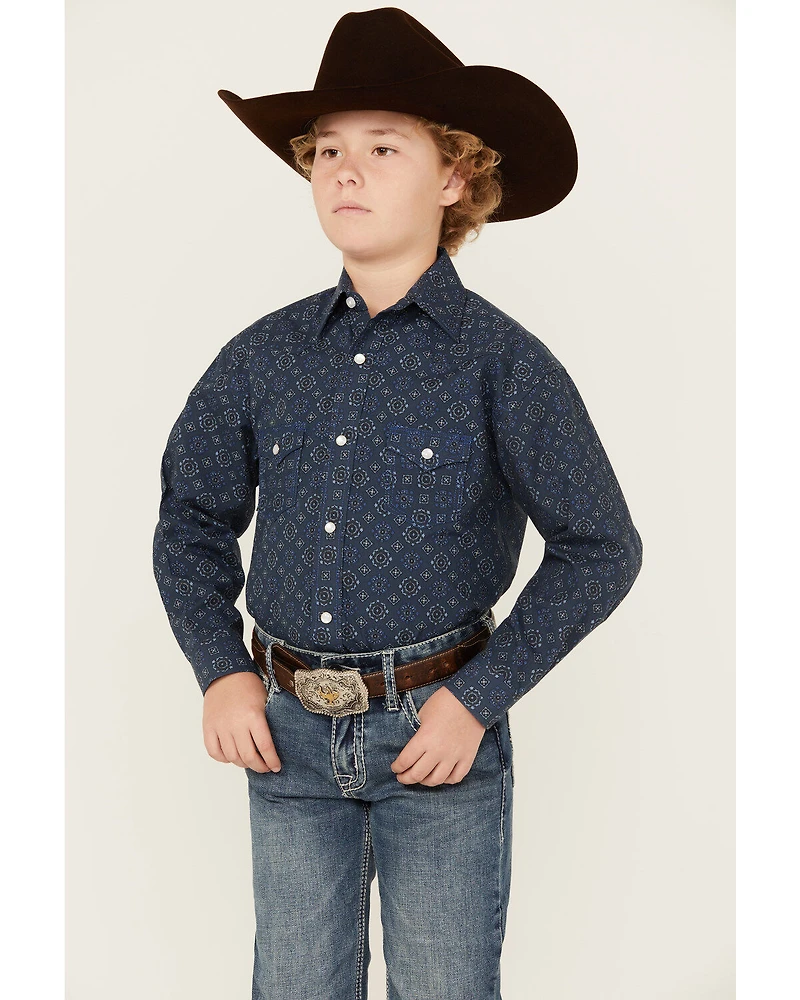 Rock & Roll Denim Boys' Medallion Print Long Sleeve Pearl Snap Western Shirt