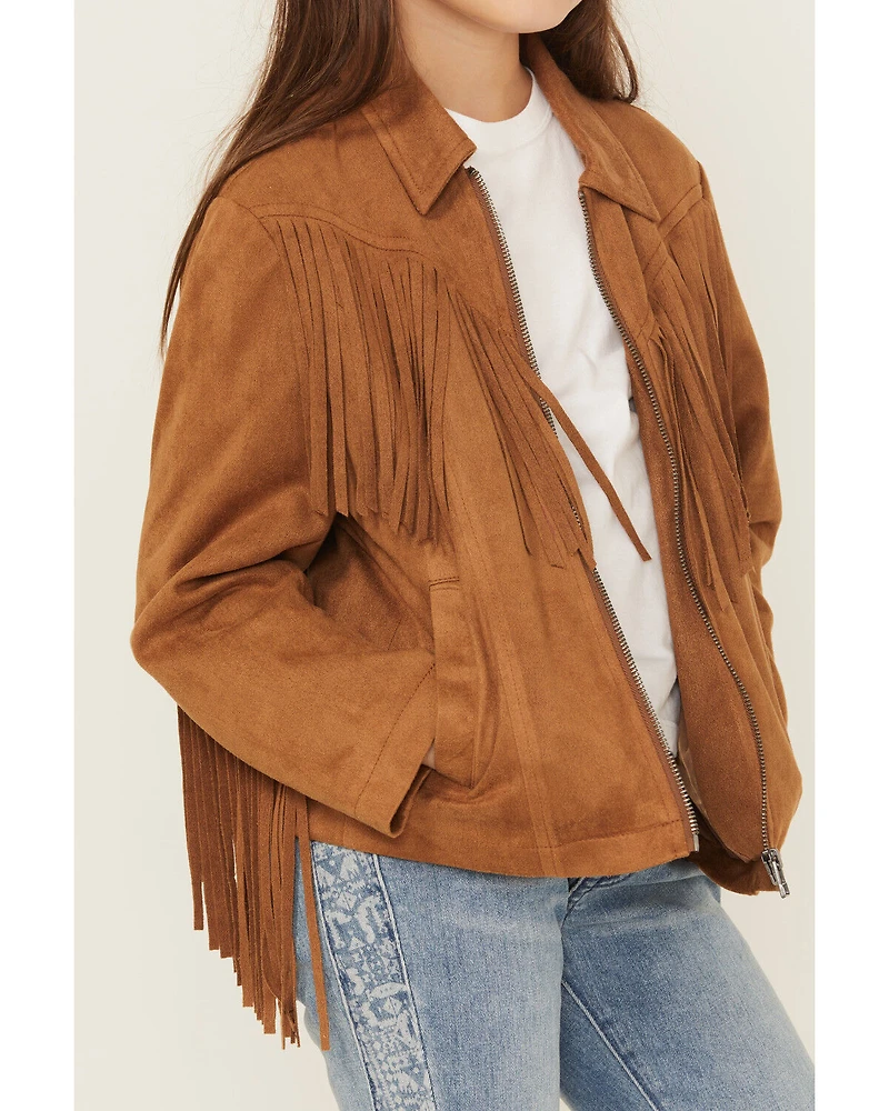 Fornia Girls' Solid Fringe Faux Suede Zip-Up Jacket