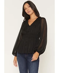 Shyanne Women's Pratt Faux Button-Down Long Sleeve Lurex Top